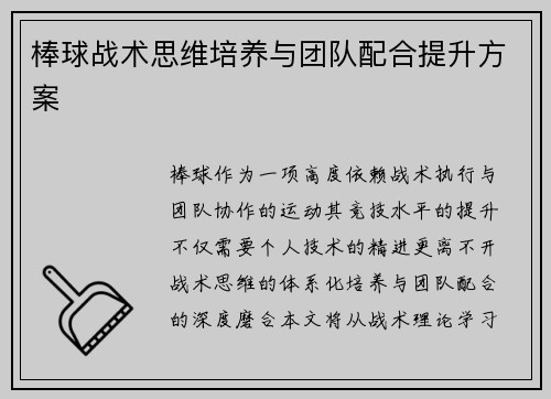 棒球战术思维培养与团队配合提升方案